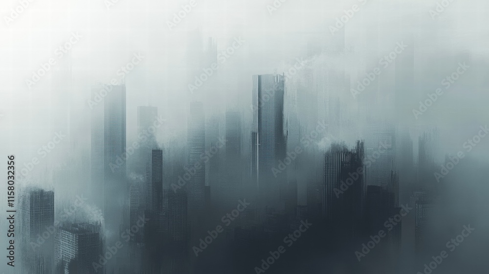 Poster Dense smog envelops city skyline obscuring buildings and creating a mysterious atmosphere at dusk. Generative AI