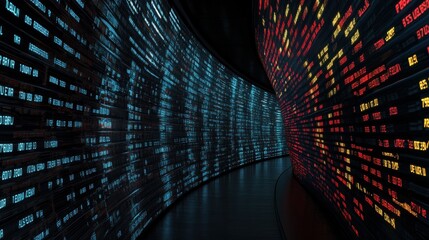 Digital Data Visualization in a Modern Tech Environment Featuring Wide Curved Walls of Code and Numeric Symbols in Vibrant Blue and Red Colors