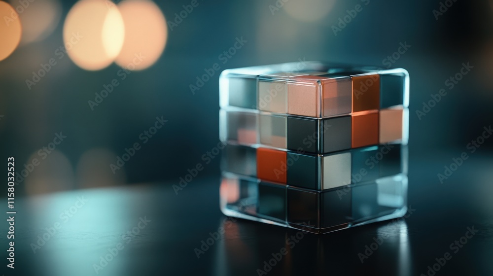 Poster Colorful Puzzle Cube with Warm Bokeh Background in Dim Light, Captivating Geometry and Design for Creative Mind Teasers and Strategic Thinking Challenges