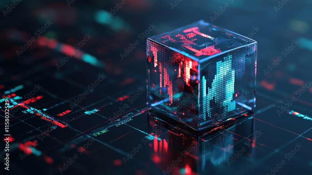 Aufkleber Abstract digital cube with vibrant data visualizations reflecting on a dark grid background, symbolizing technology, data analysis, and innovation in the digital age.