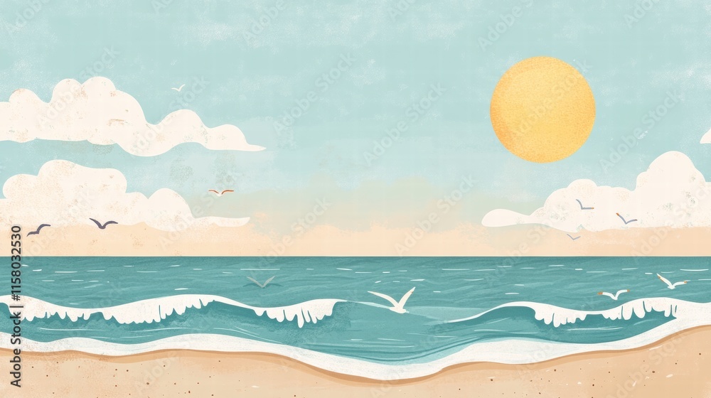 Aufkleber Naive art style beach landscape featuring a sunny sky and tranquil waves perfect for text placement. Generative AI