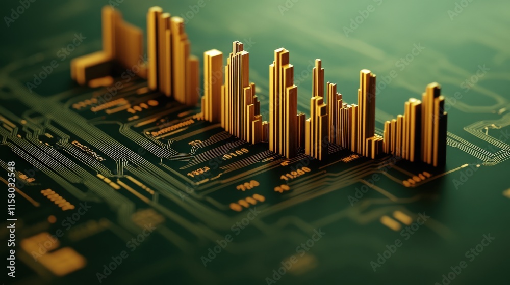 Aufkleber 3D Golden Graphs on Circuit Board Representing Financial Data and Technological Progress in Digital Economy and Data Analysis