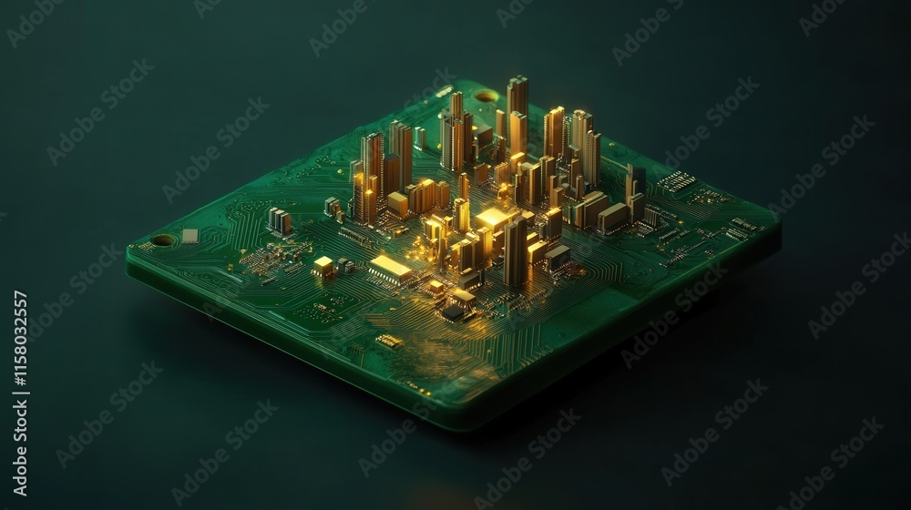 Poster intricate golden circuit board cityscape with detailed structures and dramatic lighting on a green b