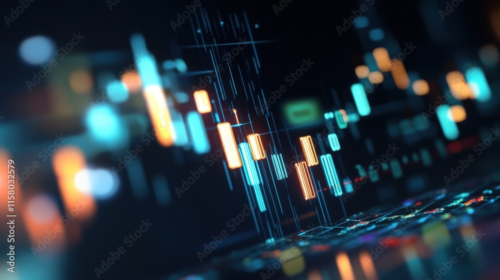 Poster Abstract Digital Financial Chart with Colorful Candlestick Graphs Representing Data Trends and Market Movements in a Technology-Driven Environment
