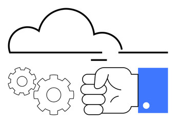 Hand with blue sleeve, two gears, black cloud outline. Ideal for technology, innovation, cloud computing teamwork industry business workflow themes. Line metaphor. Line metaphor. Simple line icons