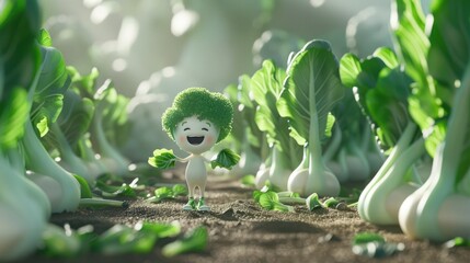 Obraz premium Smiling Broccoli Cartoon Character in a Field of Greens
