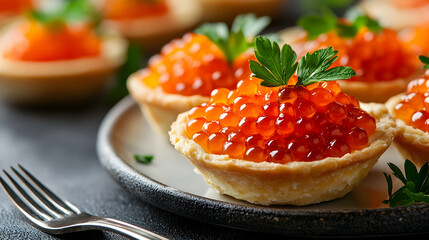 Delicious caviar tarts gourmet kitchen food photography elegant setting close-up shot