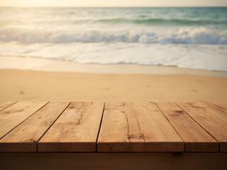 Wood table top on blur beach outdoor background
