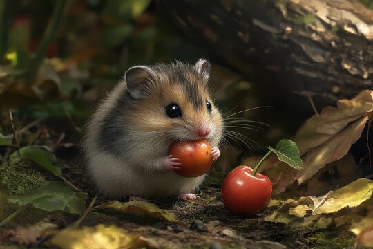 A Campbell dwarf hamster scientifically named Phodopus campbelli is consuming a fallen ripe Surinam cherry