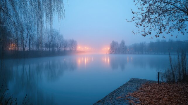 water of the picadas reservoir in madrid covered by fog at dawn