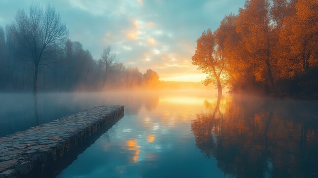 water of the picadas reservoir in madrid covered by fog at dawn
