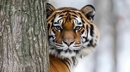 Majestic tiger watching from behind tree forest wilderness wildlife photography close-up