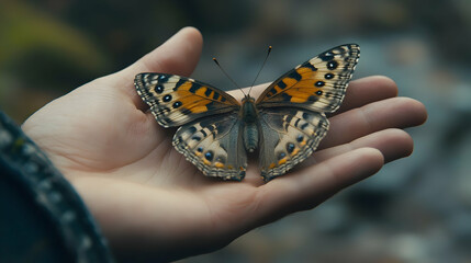 Butterfly resting on hand nature setting wildlife photography close-up view