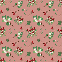 Seamless Christmas pattern in vintage style with mistletoe and snowberry. Winter holidays background. Vector illustration. Christmas design for decor, wallpapers, wrapping paper