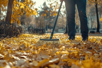 A man uses a fan rake to gather autumn leaves in a park highlighting themes of volunteer work and environmental care