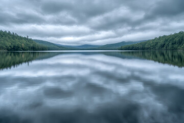 Fototapeta premium Soft water ripples spreading gently across a calm lake under a cloudy sky