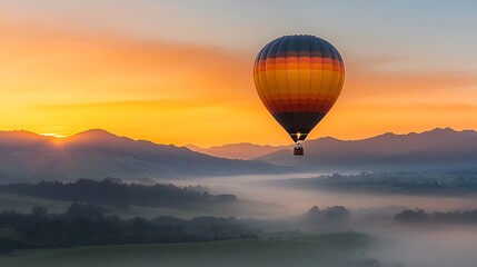 Obraz premium A scenic view of a hot air balloon rising above a lush green valley at sunrise. The vibrant colors of the balloon contrast with the soft golden light of the early morning. The valley is filled 