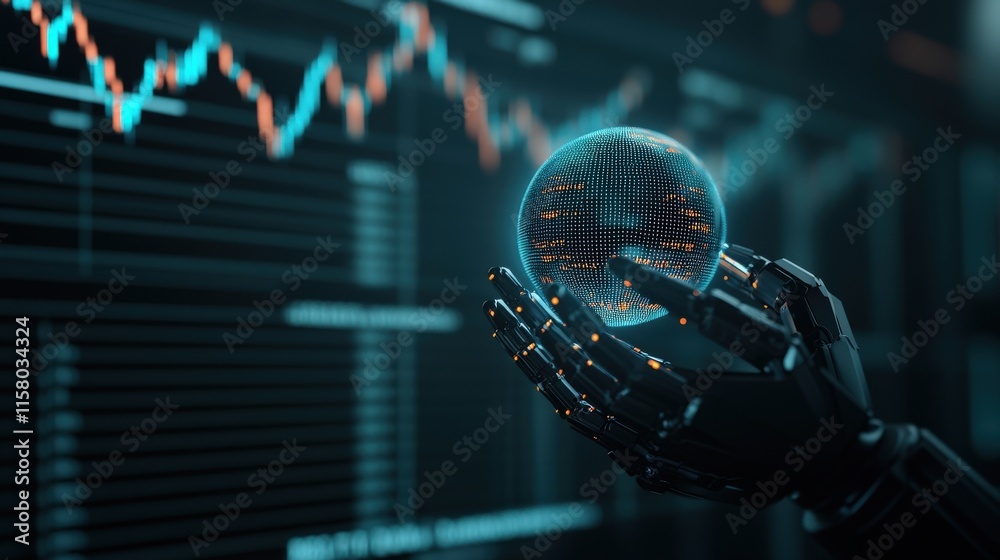 Poster futuristic robotic hand holding a digital globe with data overlay, symbols of global finance and tec