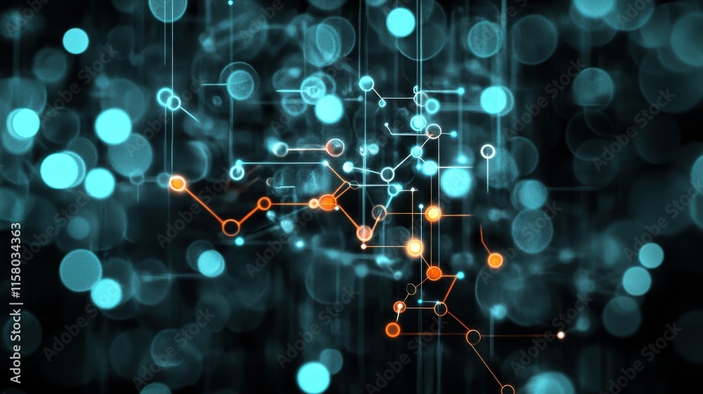 Poster abstract digital background featuring blurred blue and orange circles connected by glowing lines, re
