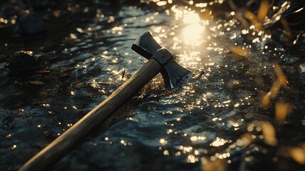 A dynamic wide shot depicting the axe bobbing on the water's surface, with Eliseu standing triumphantly at the riverbank, while others cheer and point at the miraculous floating axe.

