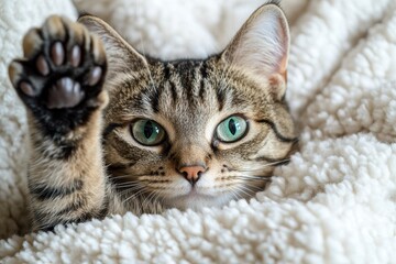 A tabby cat lifts its paw against a blank white backdrop