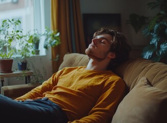 A tranquil young man rests on a cozy couch in a contemporary living room eyes closed and enjoying some solitude