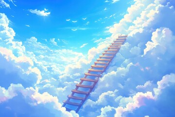 A towering ladder ascending into a bright blue sky with white clouds symbolizing success