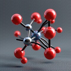 A vibrant red and blue molecular model explodes into focus, its intricate structure composed of interconnected crimson orbs linked by slender black rods against a mysterious dark gray backdrop speckle