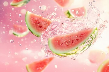 Fototapeta premium A watermelon soaring against a pink backdrop