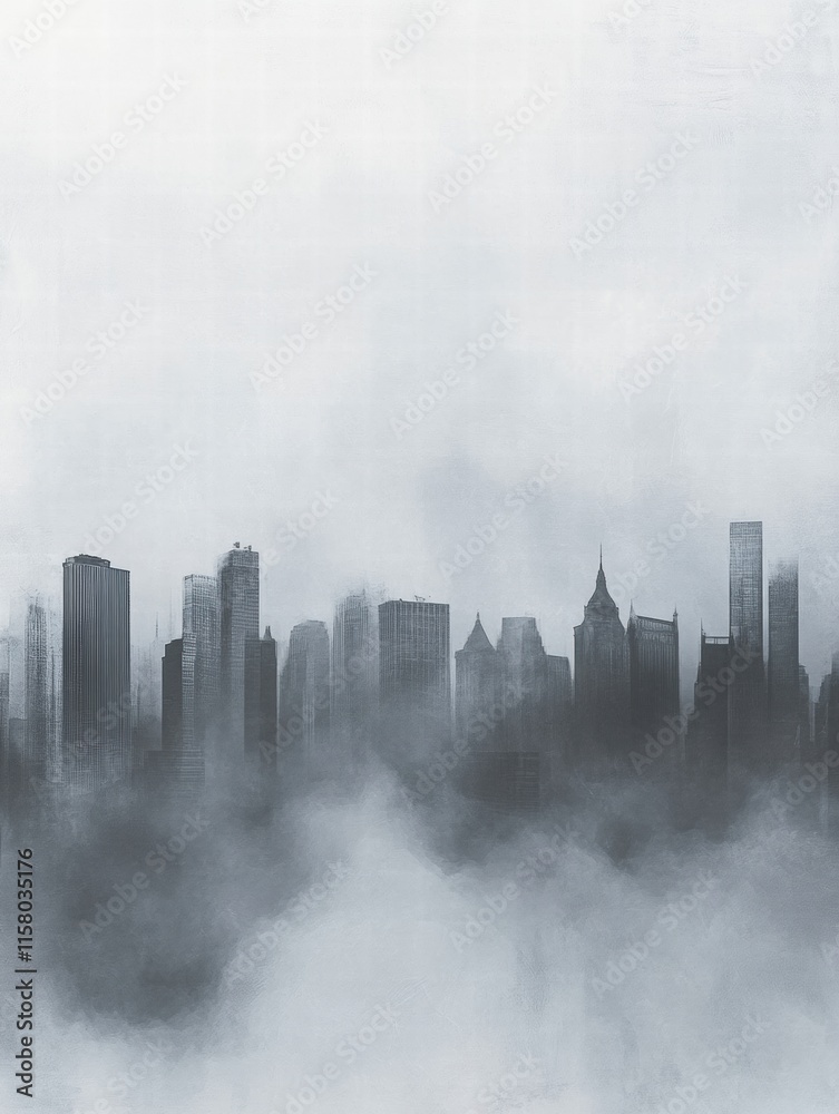 Poster dense smog covers city skyline obscuring buildings and creating a haunting atmosphere during early m