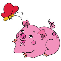 a cute pink pig lies and looks happily at a butterfly flying nearby