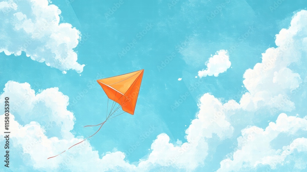 Poster Kite flying high in a bright blue sky with fluffy clouds creating a cheerful atmosphere for a joyful day. Generative AI