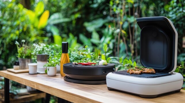 Modern Electric Griller with Vegetables and Chicken in Garden Setting
