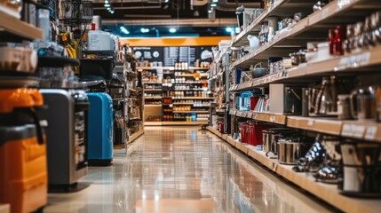 Aisle View of a Modern Home Goods Store with Various Merchandise