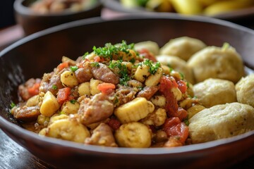Ackee and salted fish accompanied by boiled bananas and dumplings