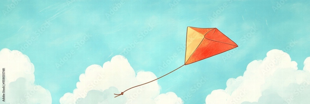 Poster colorful kite soaring in a bright blue sky with fluffy clouds and plenty of copy space for creative 