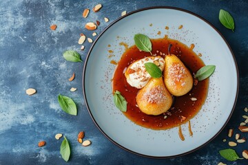 Aerial shot of a fruit dessert featuring baked pears caramel cream cheese and almond flakes on a blue concrete surface