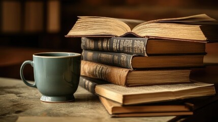 Naklejka premium Cozy Scene with Books and a Cup of Coffee on a Wooden Table