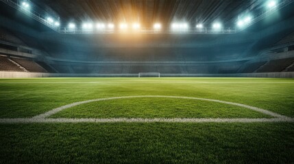 Fototapeta premium Night Football Stadium: Empty Soccer Field Under Bright Lights