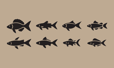 Set of Fish simple icons vector design Different type of Fish silhouette vector illustration Silhouette fish vector collection design