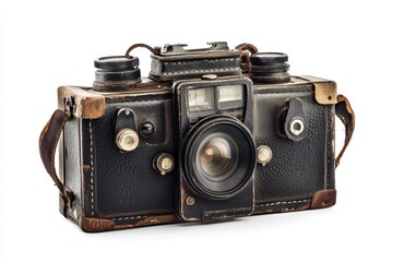 An aged black leather cased film camera on a white background Vintage Soviet camera made in the USSR