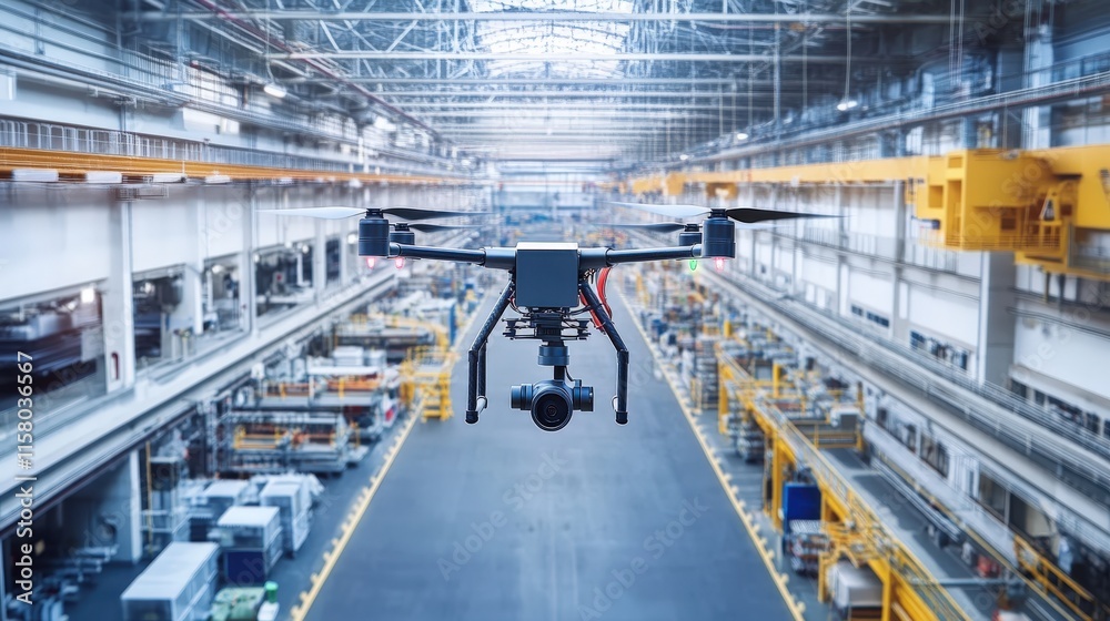Poster aerial view of industrial warehouse with drone flying over production floor capturing operations and