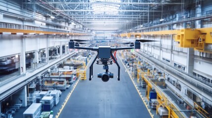 Aerial View of Industrial Warehouse with Drone Flying Over Production Floor Capturing Operations and Logistics Dynamics in a Modern Manufacturing Environment