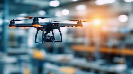 Aerial Drone Captured in Motion with Blurred Industrial Background, Showcasing Innovative Technology for Photography and Videography Applications