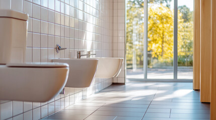 Minimalist contemporary toilet with natural light and blue accents