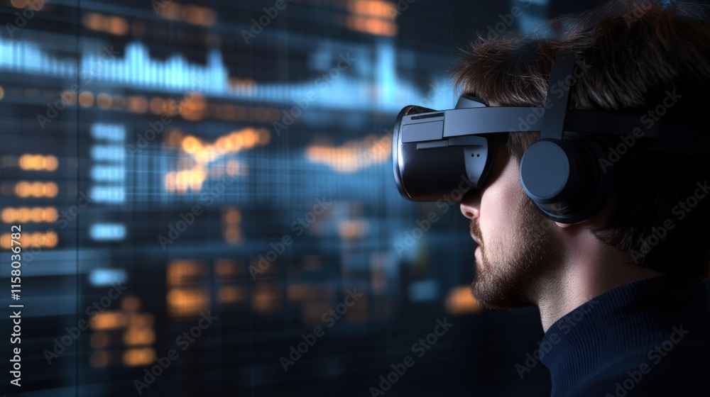 Poster Man Engaged in Virtual Reality Experience with Headset and High-Tech Data Visualizations in Background, Exploring the Future of Digital Interaction and Technology
