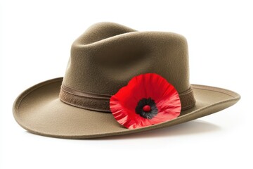 Army slouch hat with red poppy on white background for Anzac Day