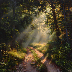 Morning Serenity: The Tranquil Beauty of a Sunlit Forest Path Inviting Reflection and New Beginnings