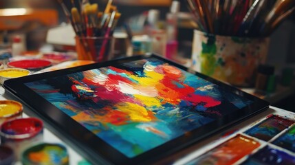 Vibrant digital painting displayed on a tablet amidst art supplies.