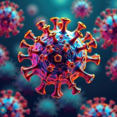 A mesmerizing close-up of a bright blue and orange coronavirus, with vibrant purple and orange spikes arranged in a swirling circle against a deep navy backdrop